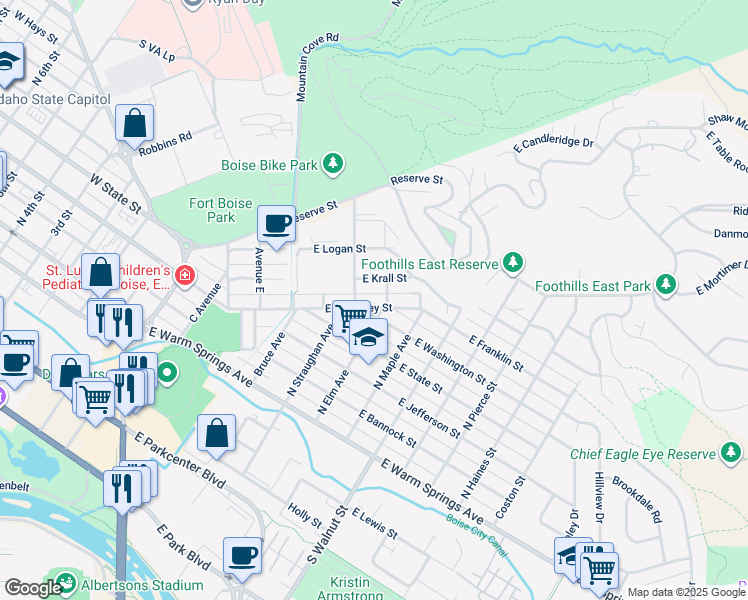 map of restaurants, bars, coffee shops, grocery stores, and more near 915 East Krall Street in Boise