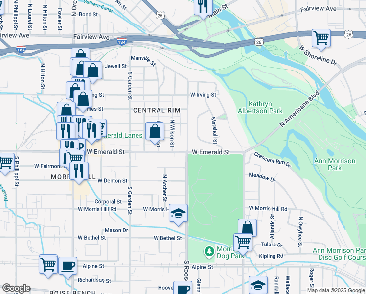 map of restaurants, bars, coffee shops, grocery stores, and more near 891 North Roosevelt Street in Boise