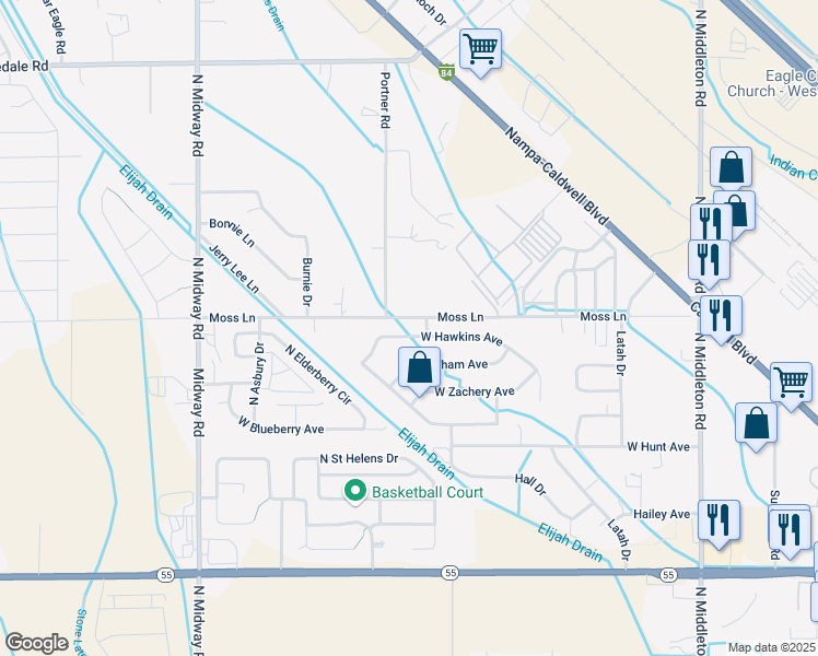 map of restaurants, bars, coffee shops, grocery stores, and more near 11568 West Hawkins Avenue in Nampa
