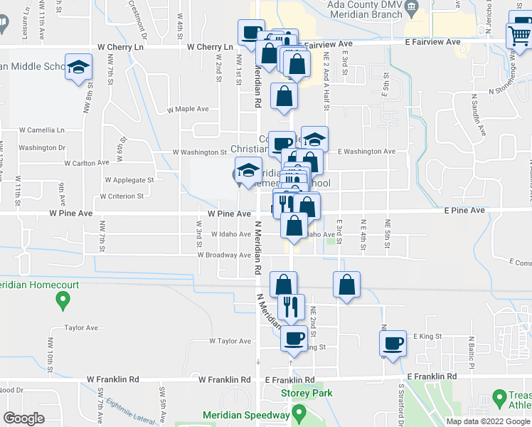 map of restaurants, bars, coffee shops, grocery stores, and more near 17 E Pine Ave in Meridian