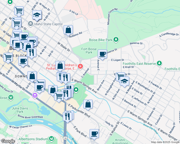map of restaurants, bars, coffee shops, grocery stores, and more near 316 North Avenue D in Boise