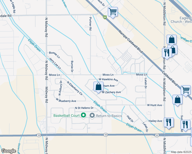map of restaurants, bars, coffee shops, grocery stores, and more near 11568 West Hawkins Avenue in Nampa