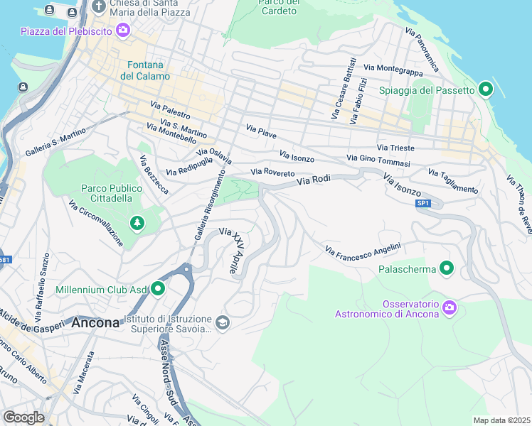 map of restaurants, bars, coffee shops, grocery stores, and more near 87 Via XXV Aprile in Ancona