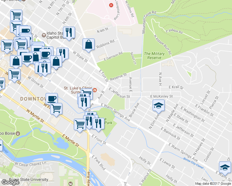 map of restaurants, bars, coffee shops, grocery stores, and more near 415 E Jefferson St in Boise