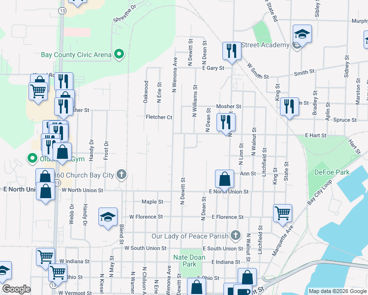 map of restaurants, bars, coffee shops, grocery stores, and more near 1001 North Dewitt Street in Bay City