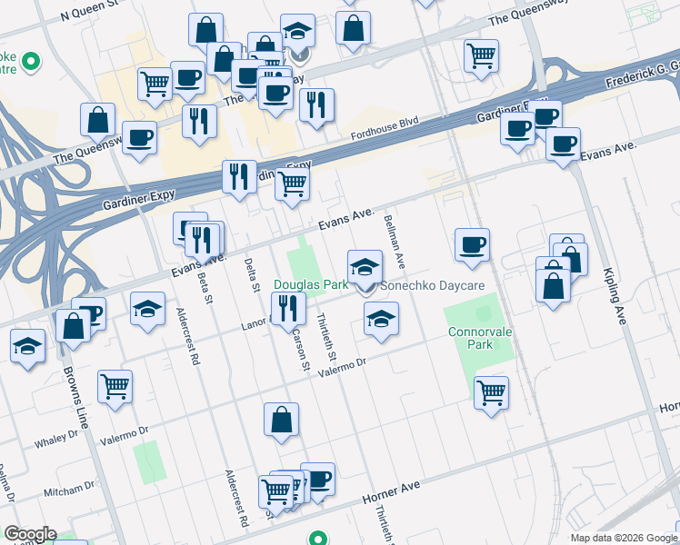map of restaurants, bars, coffee shops, grocery stores, and more near 127 Treeview Drive in Toronto
