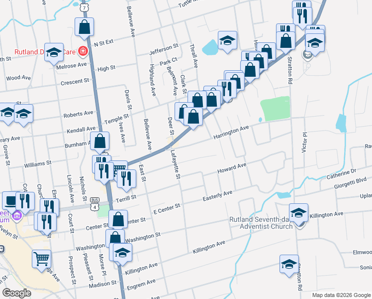 map of restaurants, bars, coffee shops, grocery stores, and more near 68 Woodstock Avenue in Rutland