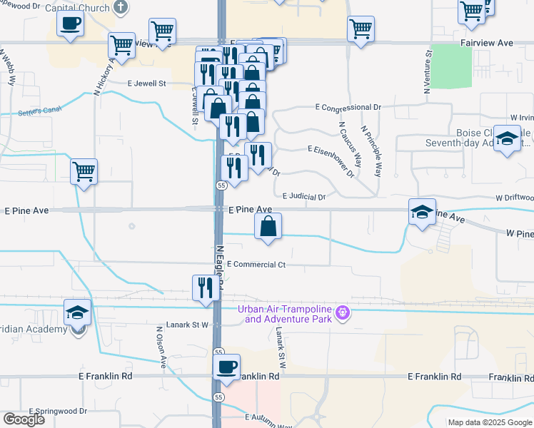 map of restaurants, bars, coffee shops, grocery stores, and more near 3298 East Pine Avenue in Meridian