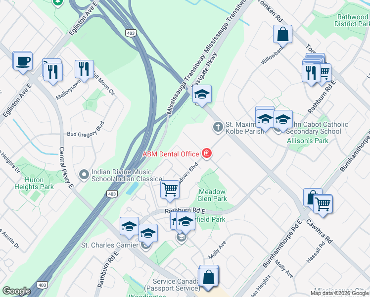 map of restaurants, bars, coffee shops, grocery stores, and more near 4386 Curia Crescent in Mississauga