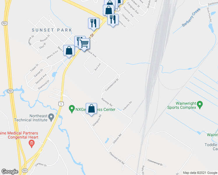 map of restaurants, bars, coffee shops, grocery stores, and more near Commercial Street in South Portland