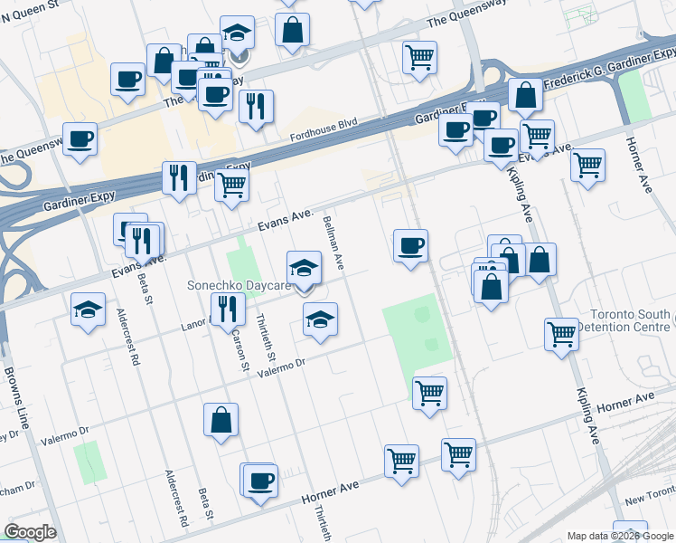 map of restaurants, bars, coffee shops, grocery stores, and more near 276 Lanor Avenue in Toronto