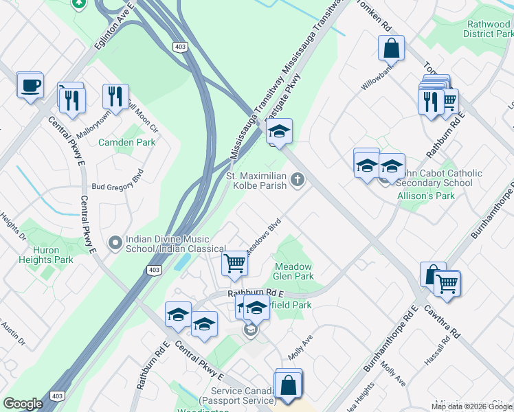 map of restaurants, bars, coffee shops, grocery stores, and more near 4316 Wilcox Road in Mississauga
