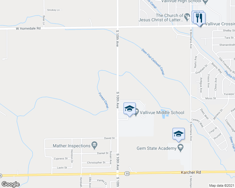 map of restaurants, bars, coffee shops, grocery stores, and more near 16567 South 10th Avenue in Caldwell