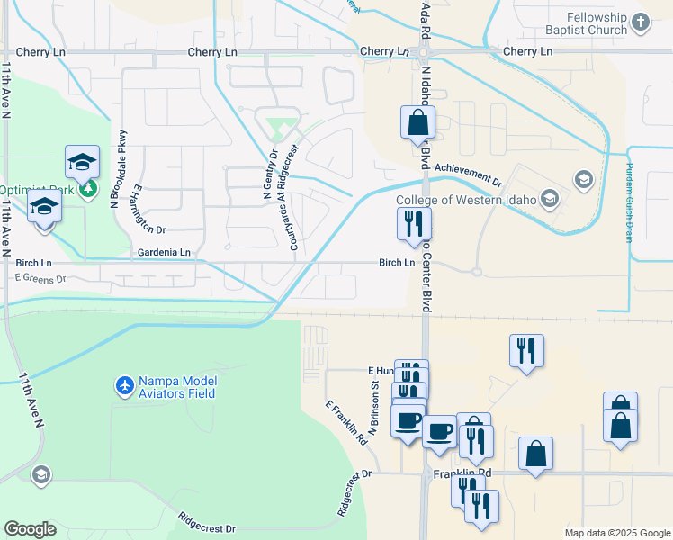 map of restaurants, bars, coffee shops, grocery stores, and more near 6205 East Medalist Lane in Nampa