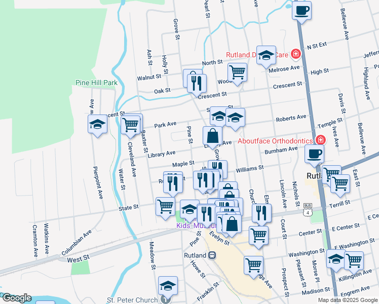 map of restaurants, bars, coffee shops, grocery stores, and more near 63 Library Avenue in Rutland