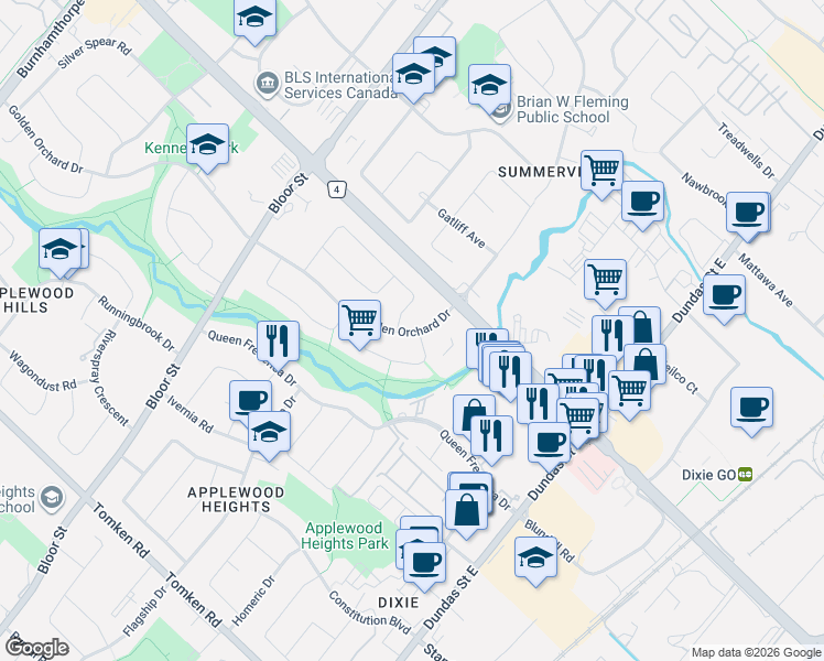 map of restaurants, bars, coffee shops, grocery stores, and more near 3195 Golden Orchard Drive in Mississauga
