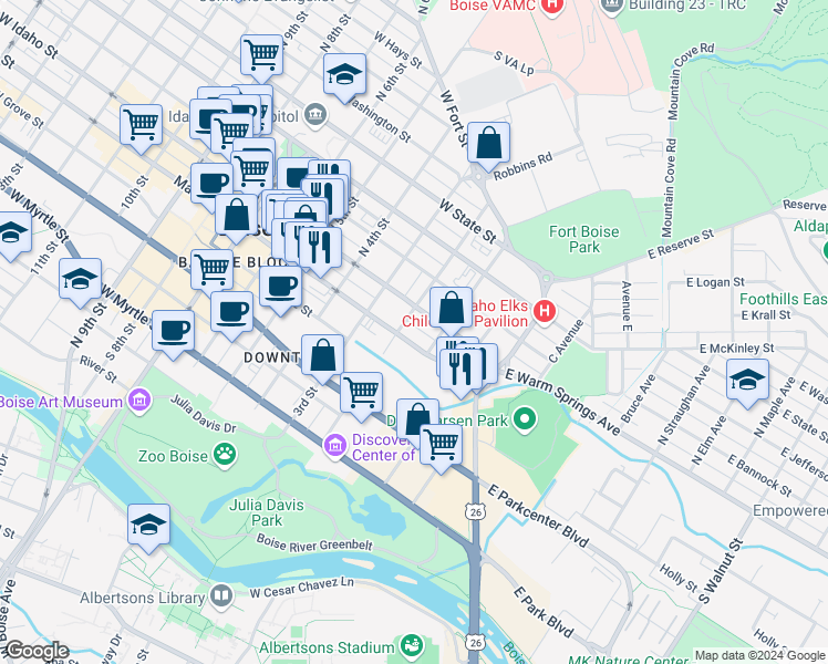 map of restaurants, bars, coffee shops, grocery stores, and more near 141 West Idaho Street in Boise