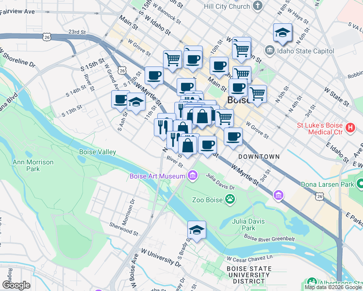 map of restaurants, bars, coffee shops, grocery stores, and more near 520 South 9th Street in Boise