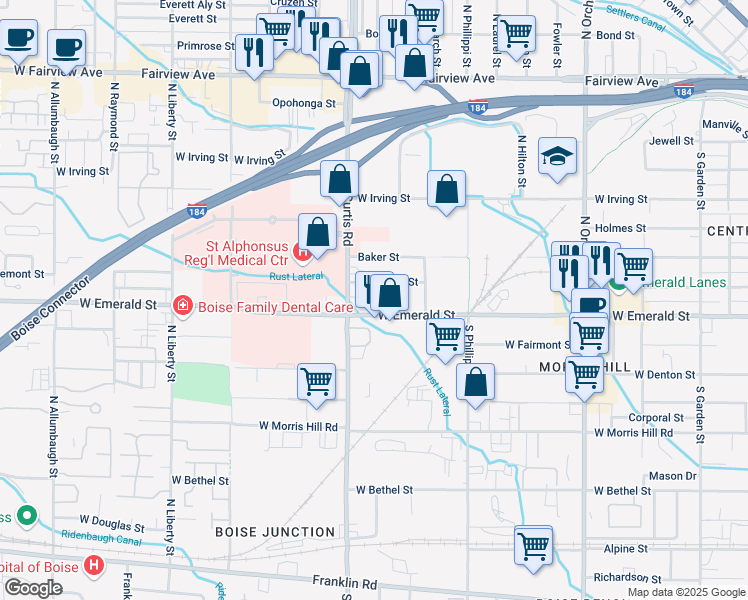 map of restaurants, bars, coffee shops, grocery stores, and more near 5715 Freemont Street in Boise
