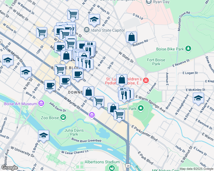 map of restaurants, bars, coffee shops, grocery stores, and more near 210 Main Street in Boise