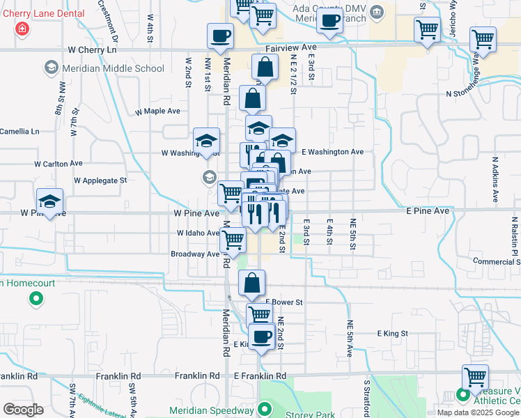 map of restaurants, bars, coffee shops, grocery stores, and more near in Meridian