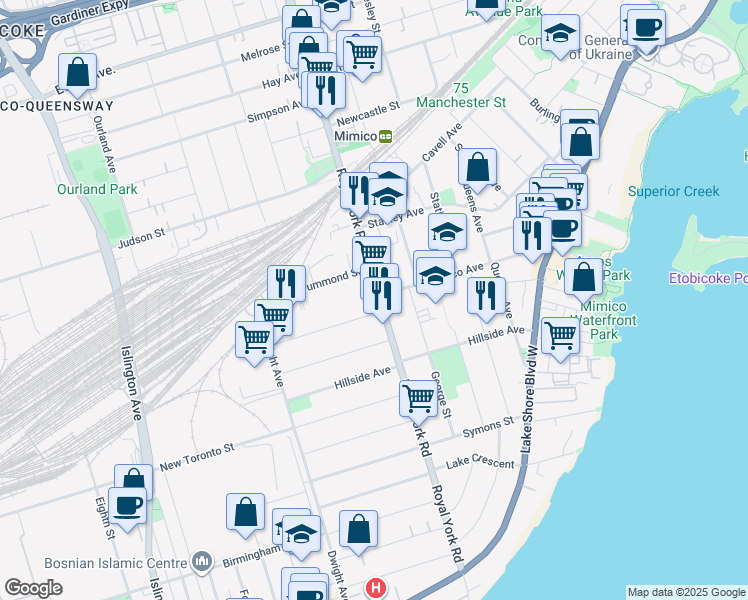 map of restaurants, bars, coffee shops, grocery stores, and more near 2007 Royal York Road in Toronto