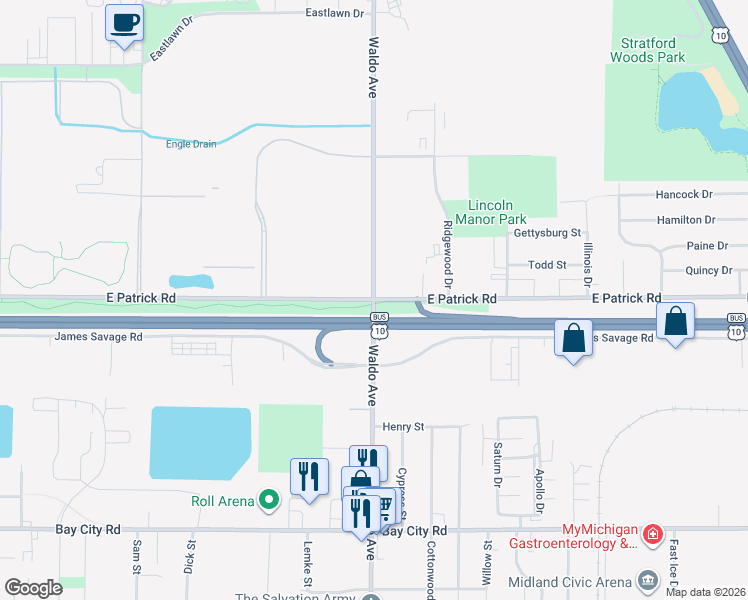map of restaurants, bars, coffee shops, grocery stores, and more near Waldo Ave & E Patrick Rd in Midland