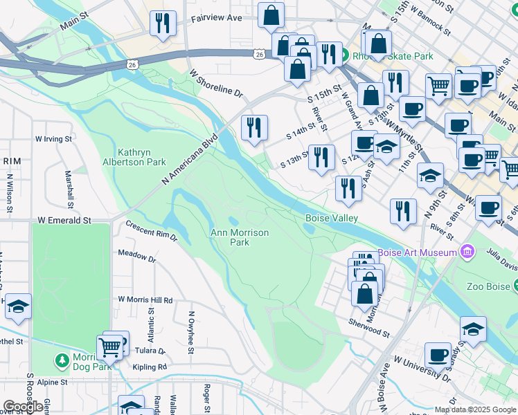 map of restaurants, bars, coffee shops, grocery stores, and more near 1000 South Americana Boulevard in Boise