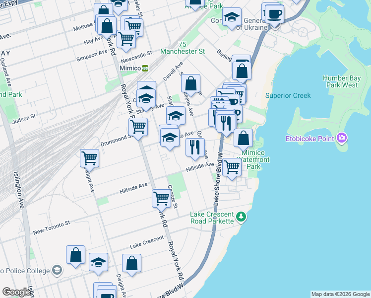 map of restaurants, bars, coffee shops, grocery stores, and more near 108 Wheatfield Road in Toronto