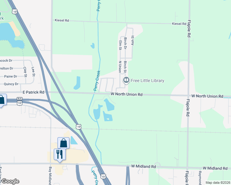 map of restaurants, bars, coffee shops, grocery stores, and more near Ash St in Midland Township