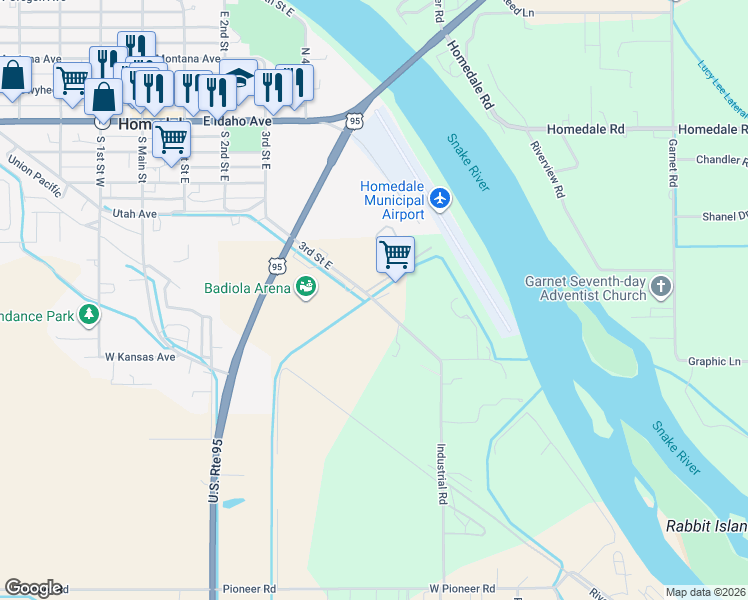 map of restaurants, bars, coffee shops, grocery stores, and more near Industrial Rd in Homedale