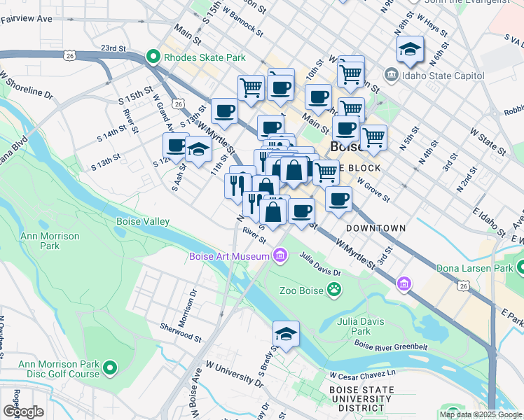 map of restaurants, bars, coffee shops, grocery stores, and more near 850 West Fulton Street in Boise
