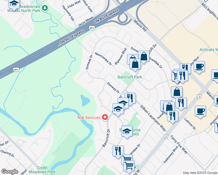 map of restaurants, bars, coffee shops, grocery stores, and more near in Mississauga