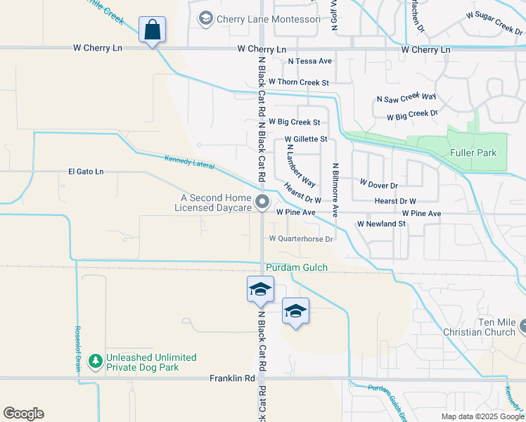 map of restaurants, bars, coffee shops, grocery stores, and more near N Black Cat Rd & W Pine Ln in Meridian