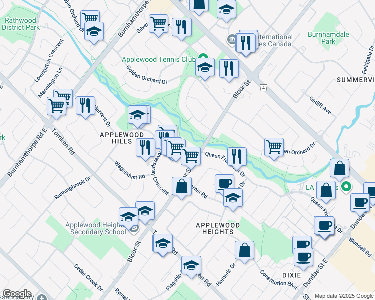 map of restaurants, bars, coffee shops, grocery stores, and more near 1177 Bloor Street in Mississauga