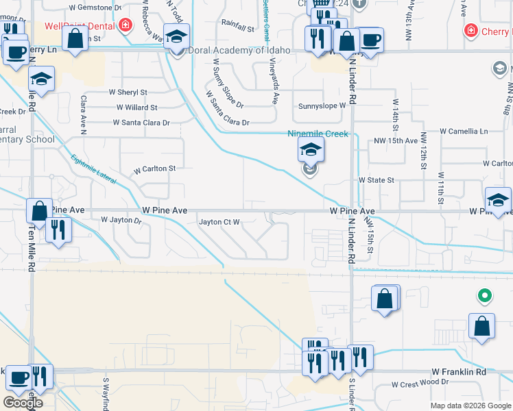 map of restaurants, bars, coffee shops, grocery stores, and more near 2064 West Pine Avenue in Meridian