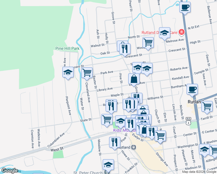 map of restaurants, bars, coffee shops, grocery stores, and more near 119 Library Avenue in Rutland