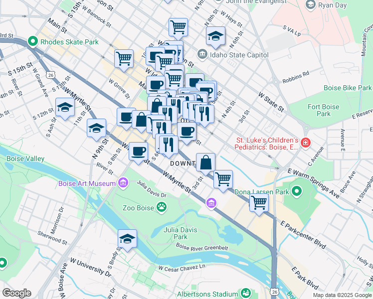 map of restaurants, bars, coffee shops, grocery stores, and more near 347 West Grove Street in Boise
