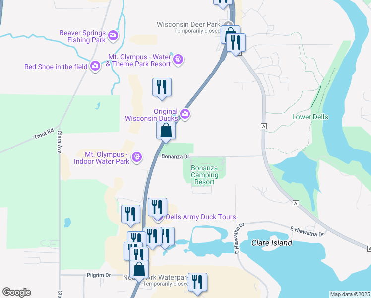 map of restaurants, bars, coffee shops, grocery stores, and more near 1810 Wisconsin Dells Parkway in Wisconsin Dells