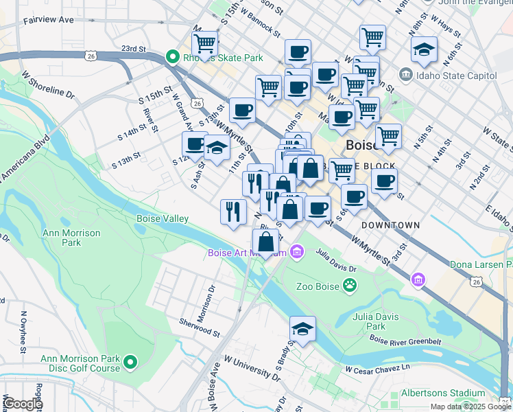 map of restaurants, bars, coffee shops, grocery stores, and more near 914 Lee Street in Boise