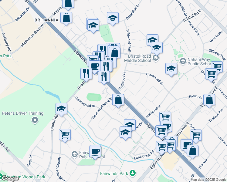 map of restaurants, bars, coffee shops, grocery stores, and more near 1253 Hurontario Street in Mississauga