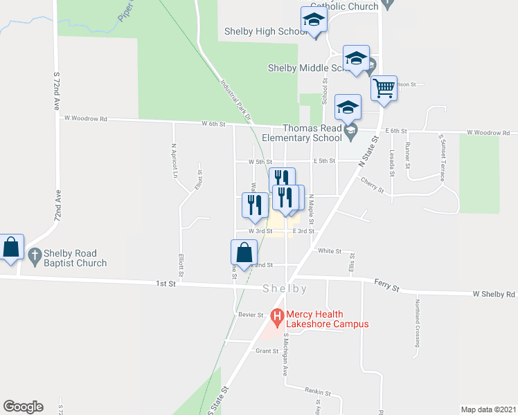 map of restaurants, bars, coffee shops, grocery stores, and more near 220 Walnut Street in Shelby