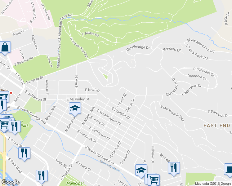 map of restaurants, bars, coffee shops, grocery stores, and more near 1205 Shenandoah Court in Boise