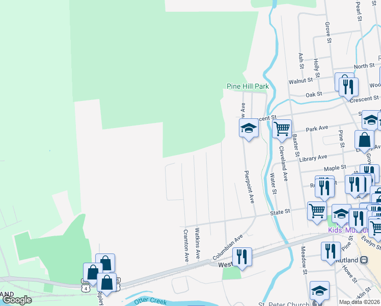 map of restaurants, bars, coffee shops, grocery stores, and more near 75 Watkins Avenue in Rutland