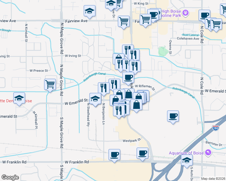map of restaurants, bars, coffee shops, grocery stores, and more near 8483 West Rifleman Drive in Boise