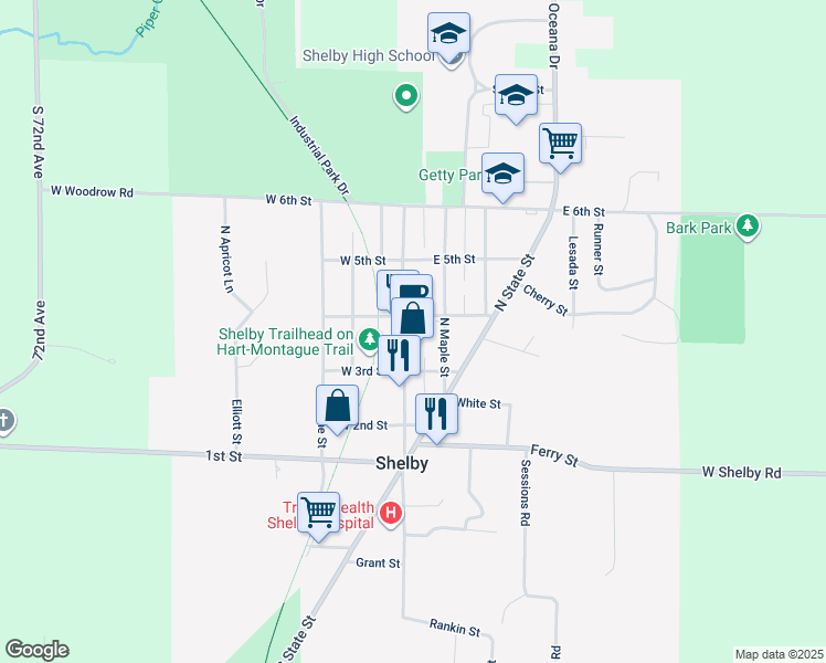 map of restaurants, bars, coffee shops, grocery stores, and more near 225 North Michigan Avenue in Shelby