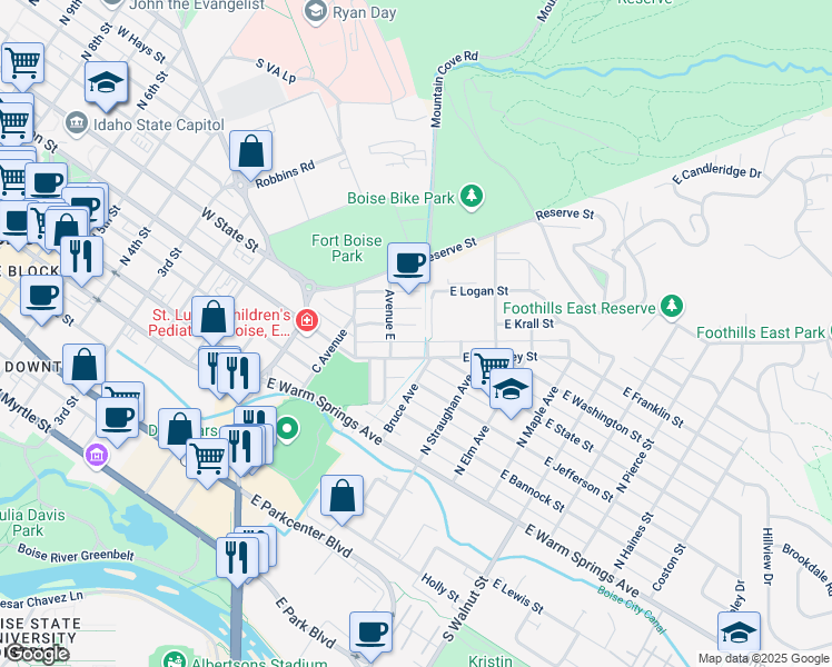 map of restaurants, bars, coffee shops, grocery stores, and more near 420 Avenue East in Boise