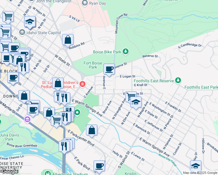 map of restaurants, bars, coffee shops, grocery stores, and more near 420 Avenue East in Boise