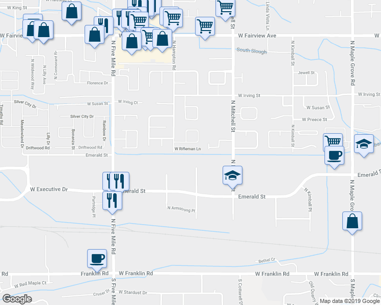 map of restaurants, bars, coffee shops, grocery stores, and more near 10151 West Rifleman Lane in Boise