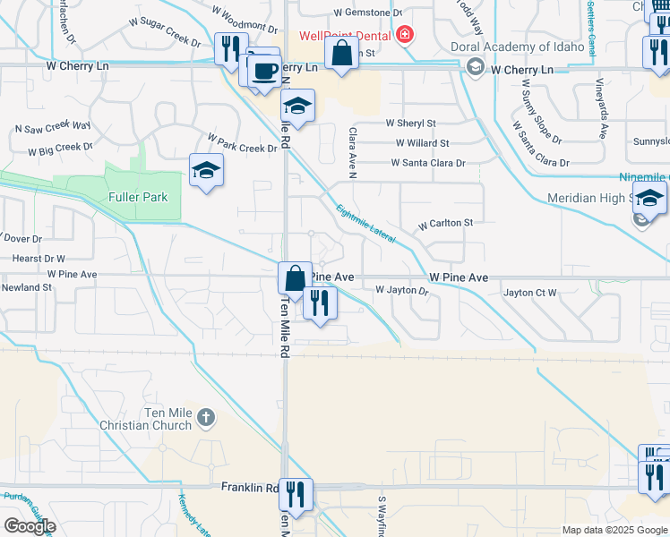 map of restaurants, bars, coffee shops, grocery stores, and more near 3032 North Brandywine Lane in Meridian